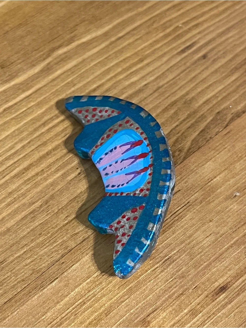 Handcrafted crescent moon brooch whimsical enamel painted with shimmer 2”
